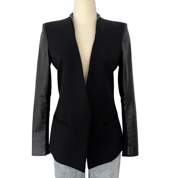 Helmut Lang Crux Leather Sleeves Wool Jacket Blazer Black Size 6 - Picture 1 of 11